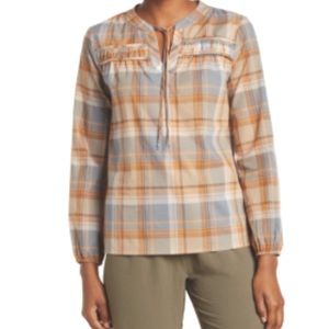 NWT Como Vintage Peach and Blue Plaid Blouse